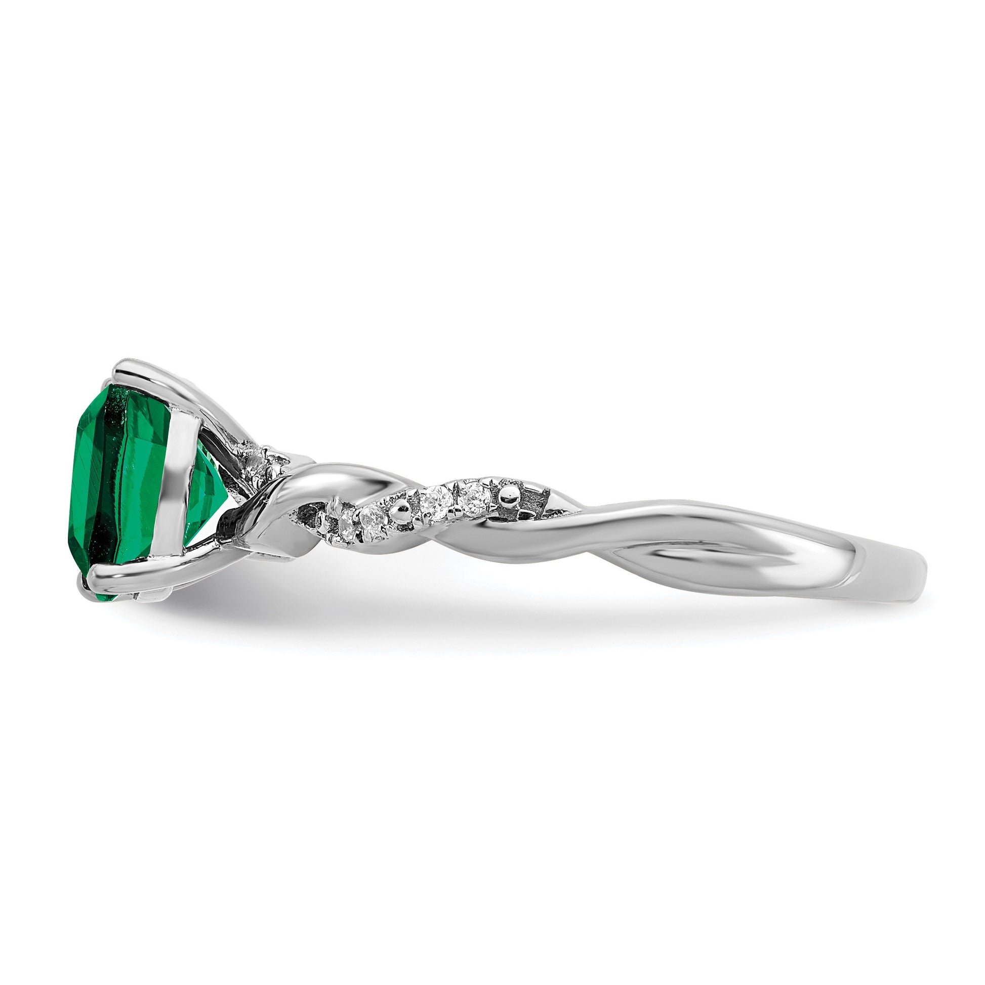 Sterling Silver Rhodium-plated Created Emerald and Diamond Ring