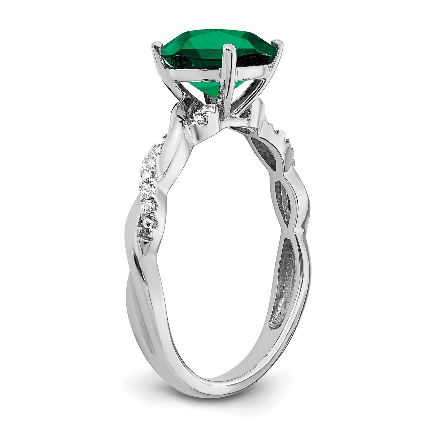Sterling Silver Rhodium-plated Created Emerald and Diamond Ring