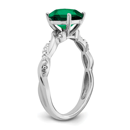 Sterling Silver Rhodium-plated Created Emerald and Diamond Ring