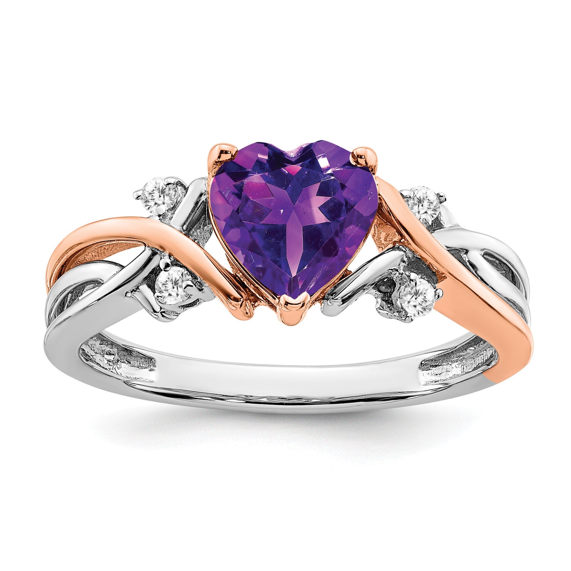 14k Two-tone 7mm Heart Amethyst and 1/15 carat Diamond Ring