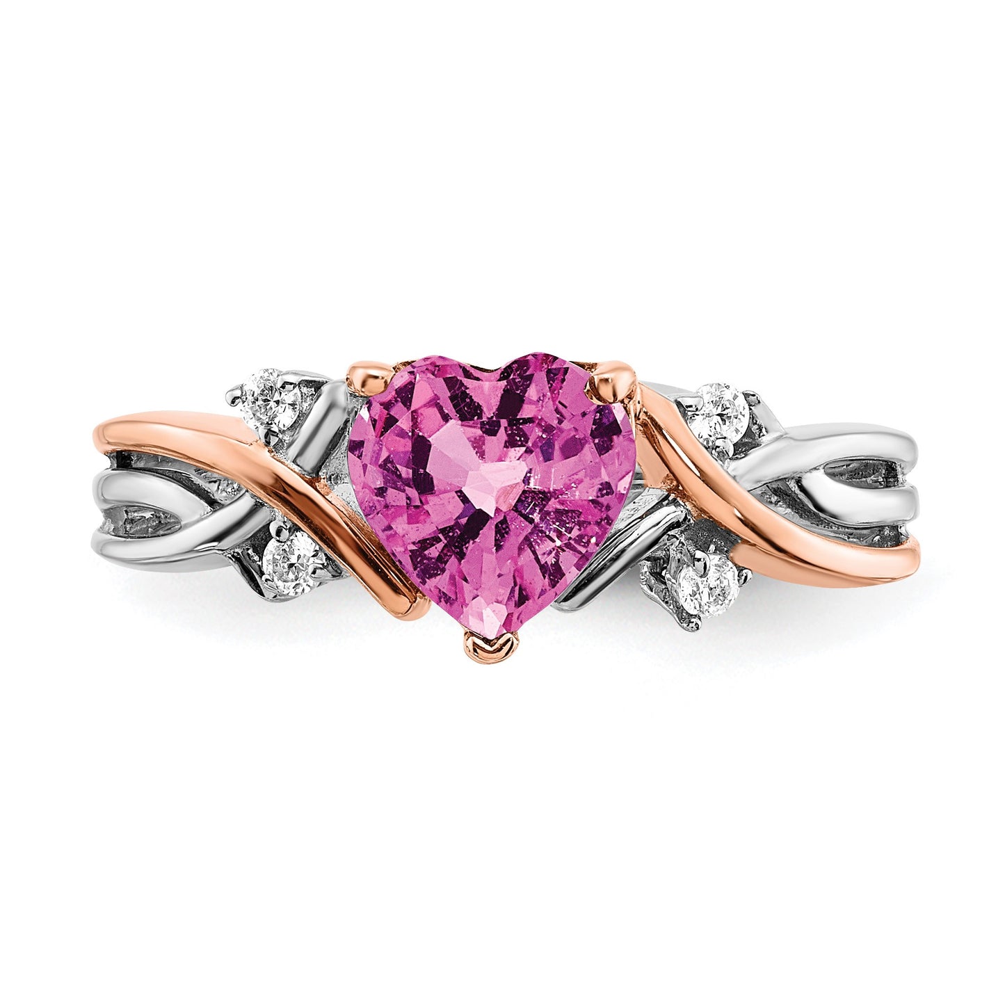 14k Two-tone 7mm Heart Lab-Created Pink Sapphire and 1/15 carat Diamond Ring