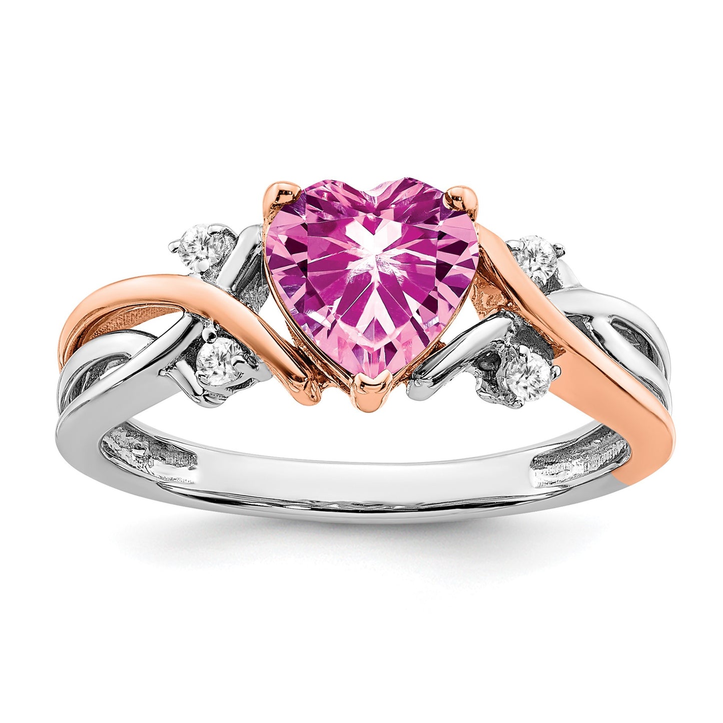 14k Two-tone 7mm Heart Lab-Created Pink Sapphire and 1/15 carat Diamond Ring