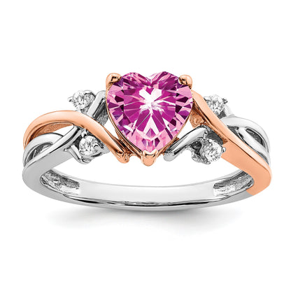 14k Two-tone 7mm Heart Lab-Created Pink Sapphire and 1/15 carat Diamond Ring