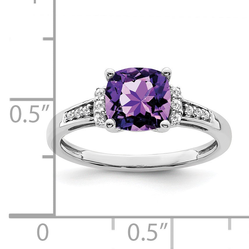 14k White Gold 7mm Cushion Amethyst and 1/10 carat Diamond Ring