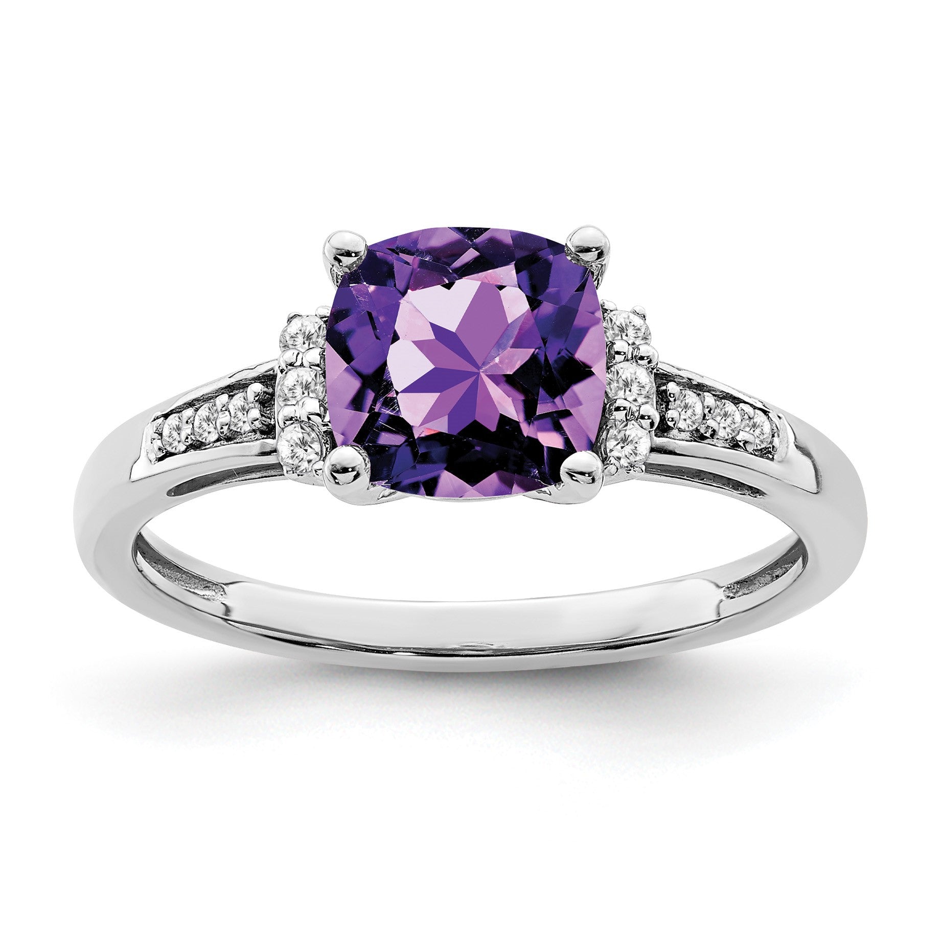 14k White Gold 7mm Cushion Amethyst and 1/10 carat Diamond Ring