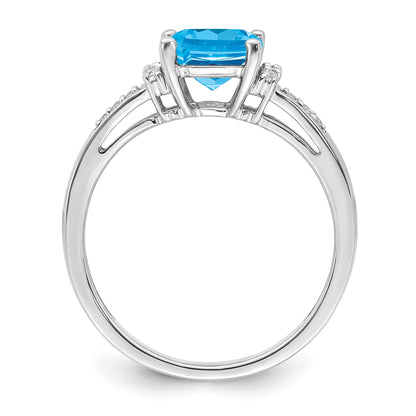 14k White Gold 7mm Cushion Blue Topaz and 1/10 carat Diamond Ring