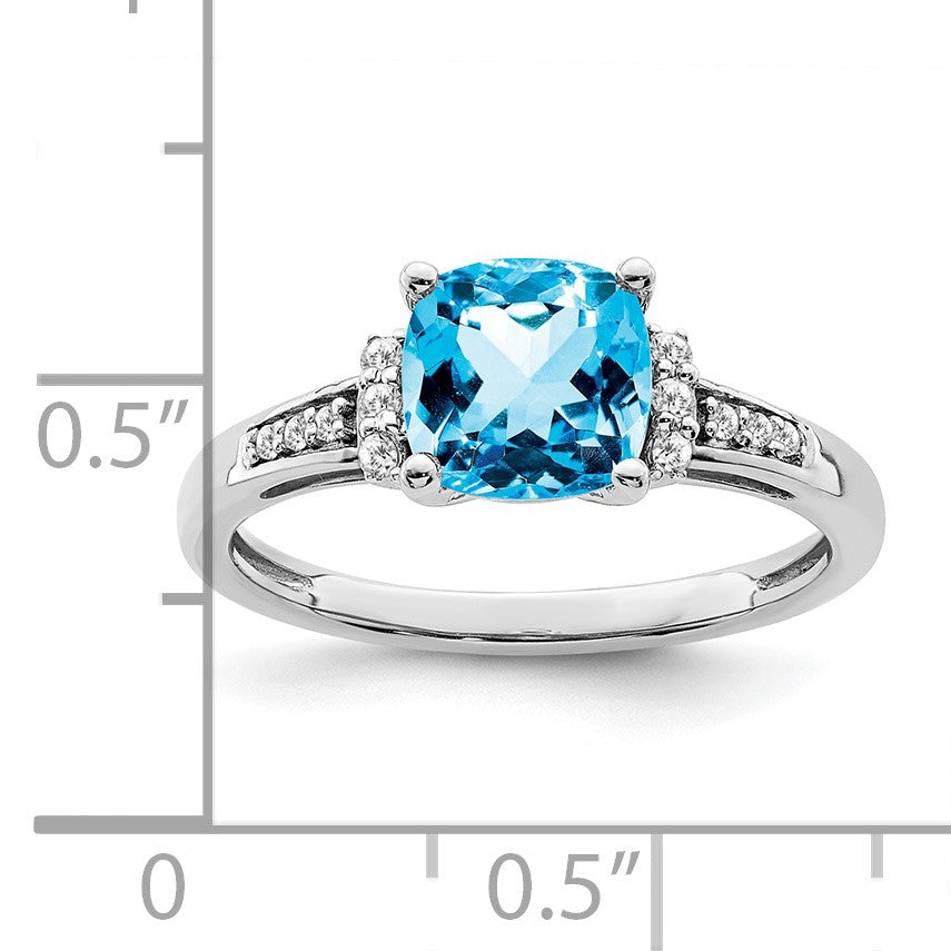 14k White Gold 7mm Cushion Blue Topaz and 1/10 carat Diamond Ring