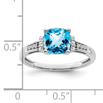 14k White Gold 7mm Cushion Blue Topaz and 1/10 carat Diamond Ring