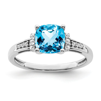 14k White Gold 7mm Cushion Blue Topaz and 1/10 carat Diamond Ring