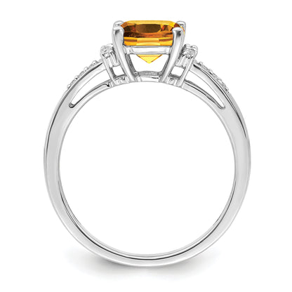 14k White Gold 7mm Cushion Citrine and 1/10 carat Diamond Ring
