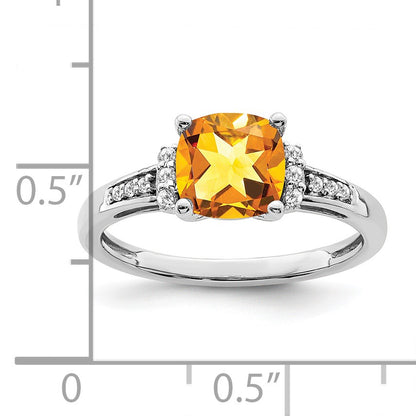 14k White Gold 7mm Cushion Citrine and 1/10 carat Diamond Ring