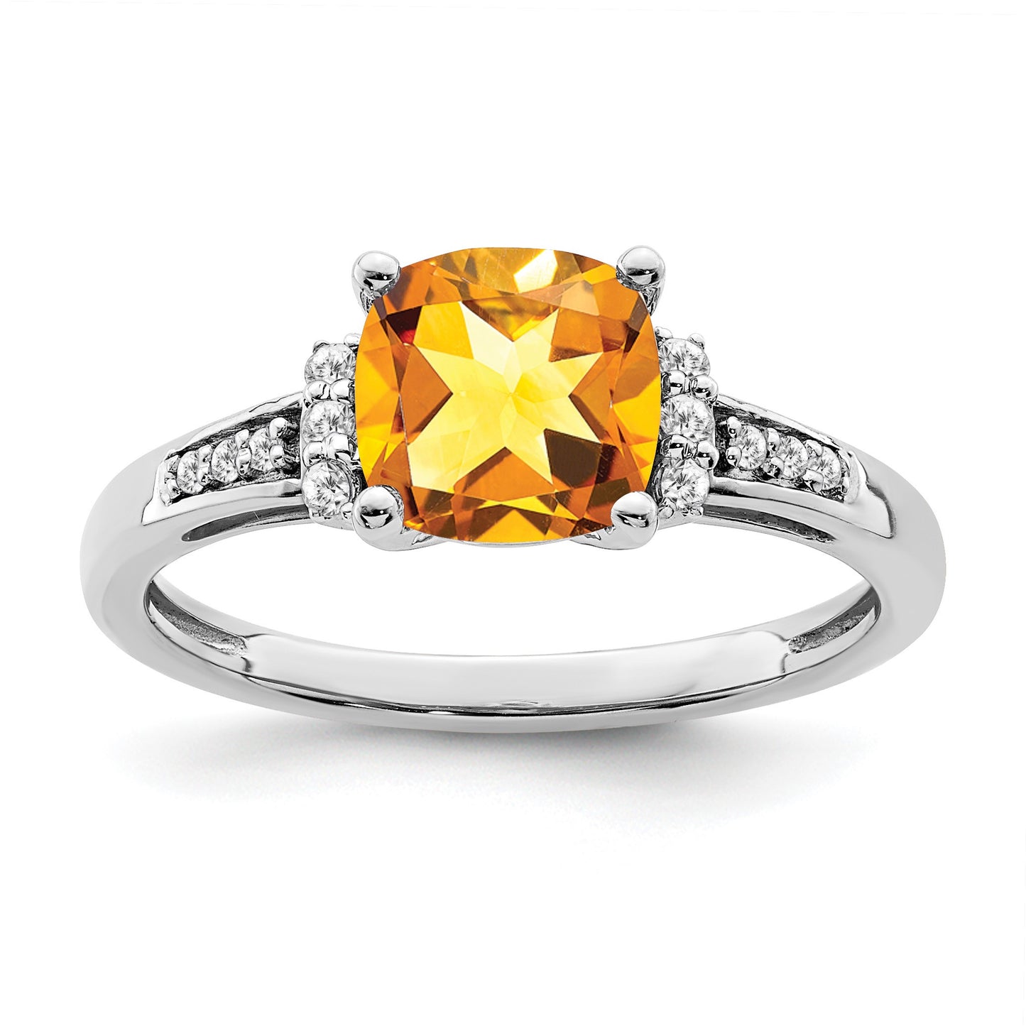 14k White Gold 7mm Cushion Citrine and 1/10 carat Diamond Ring
