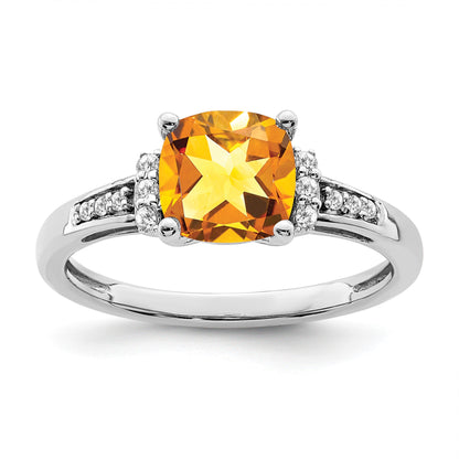 14k White Gold 7mm Cushion Citrine and 1/10 carat Diamond Ring