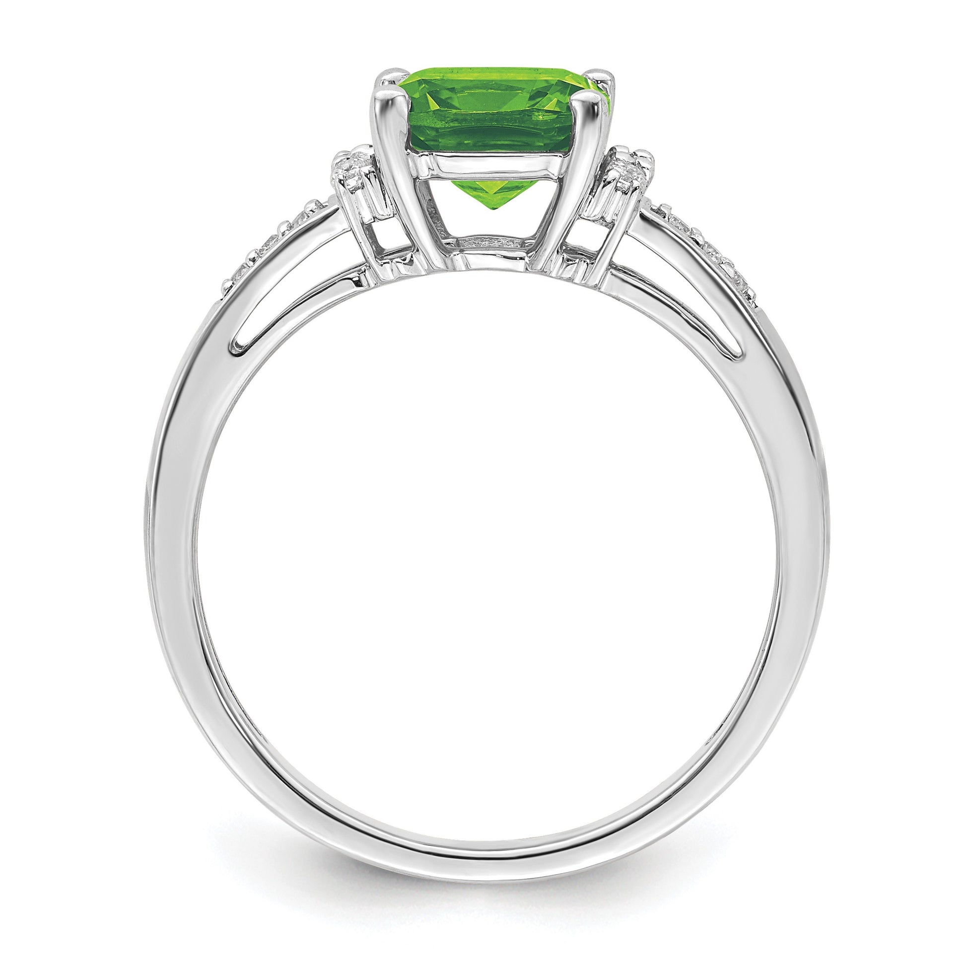 14k White Gold 7mm Cushion Peridot and 1/10 carat Diamond Ring