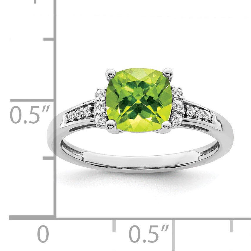 14k White Gold 7mm Cushion Peridot and 1/10 carat Diamond Ring