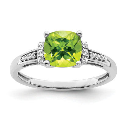 14k White Gold 7mm Cushion Peridot and 1/10 carat Diamond Ring