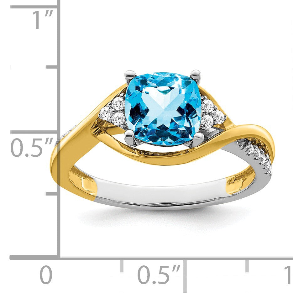 14k Two-tone 7mm Cushion Blue Topaz and 1/8 carat Diamond Ring