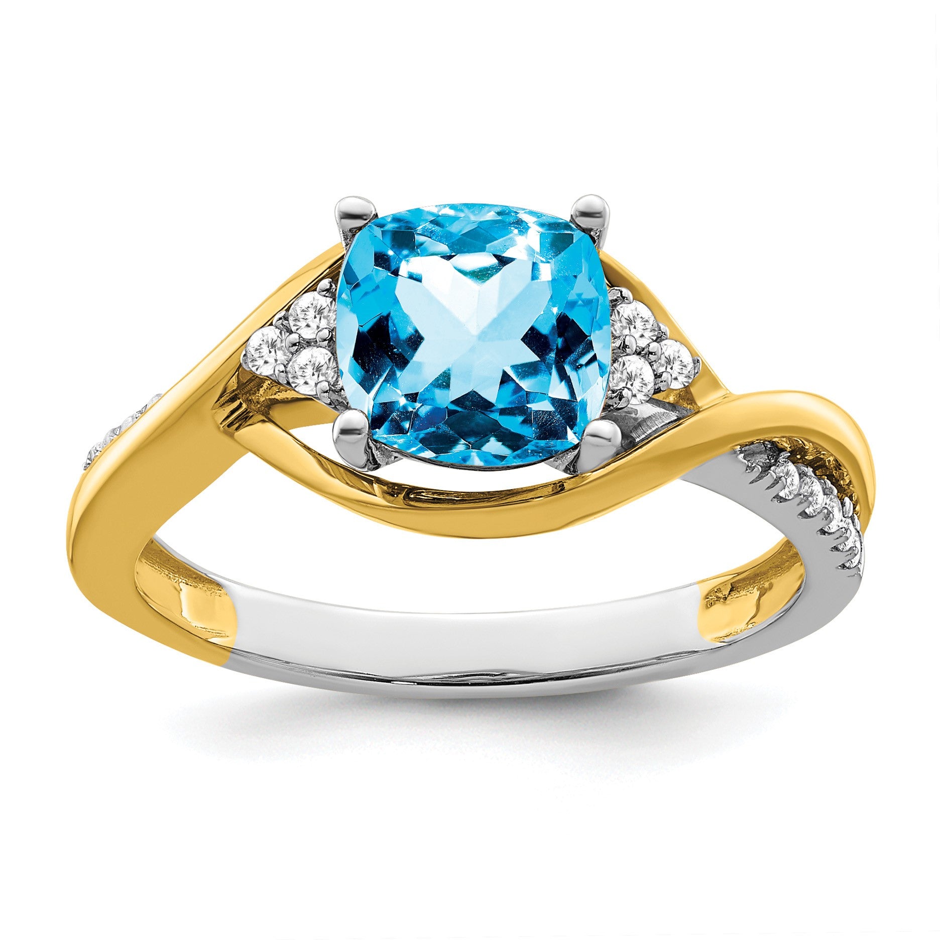 14k Two-tone 7mm Cushion Blue Topaz and 1/8 carat Diamond Ring