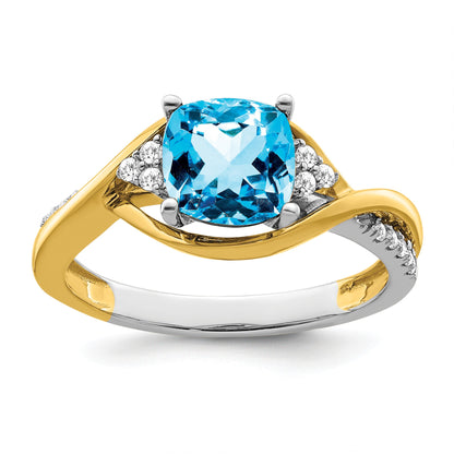 14k Two-tone 7mm Cushion Blue Topaz and 1/8 carat Diamond Ring