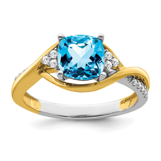 14k Two-tone 7mm Cushion Blue Topaz and 1/8 carat Diamond Ring