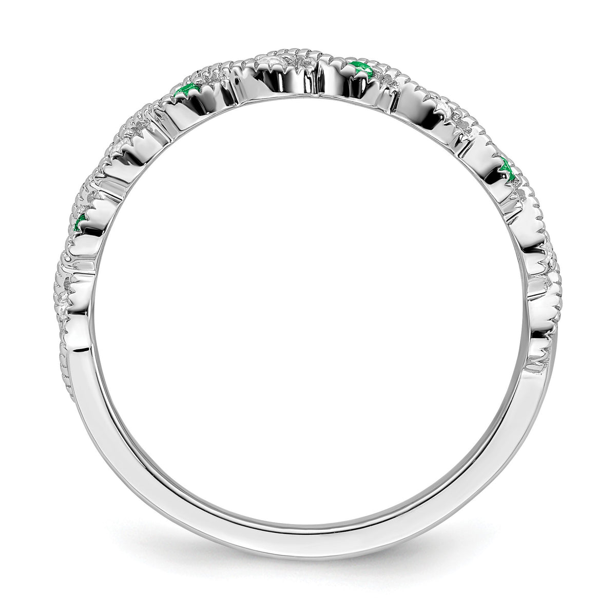 14k White Gold 1/15 carat Diamond and Emerald Twist Band
