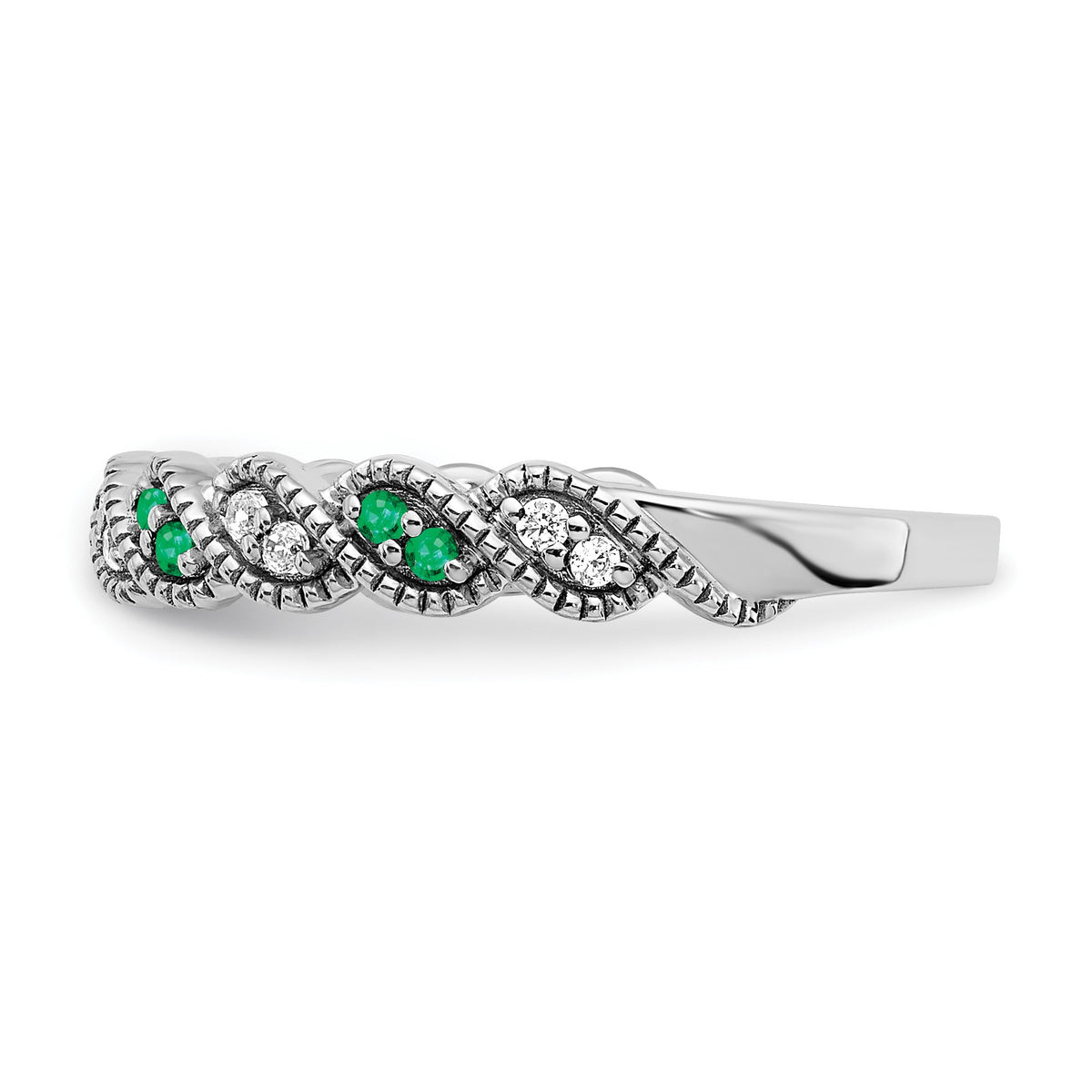 14k White Gold 1/15 carat Diamond and Emerald Twist Band