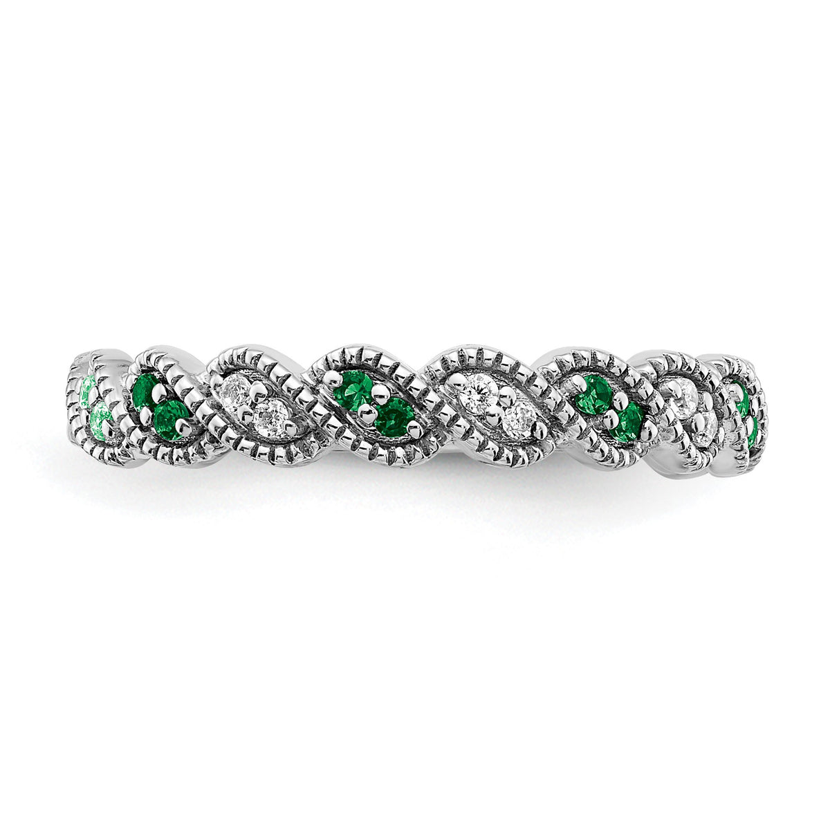 14k White Gold 1/15 carat Diamond and Emerald Twist Band