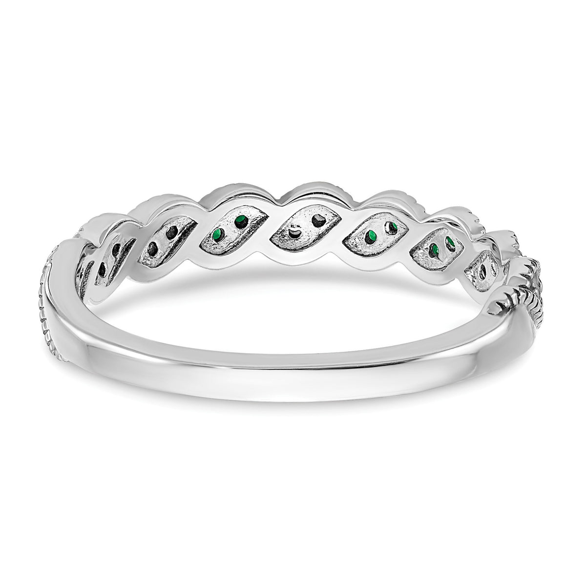 14k White Gold 1/15 carat Diamond and Emerald Twist Band