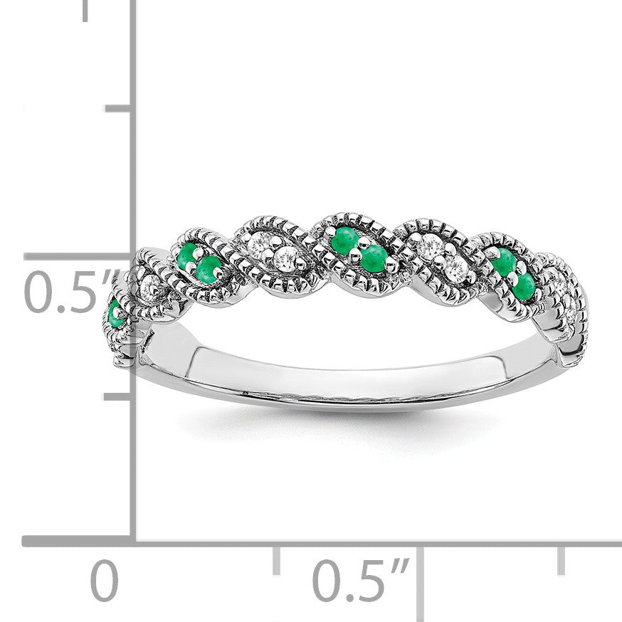 14k White Gold 1/15 carat Diamond and Emerald Twist Band