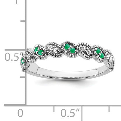 14k White Gold 1/15 carat Diamond and Emerald Twist Band