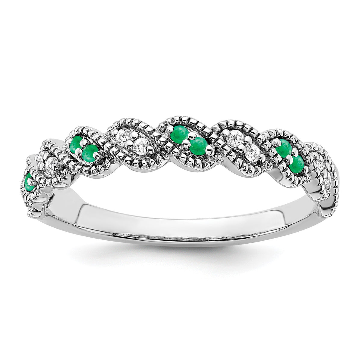 14k White Gold 1/15 carat Diamond and Emerald Twist Band