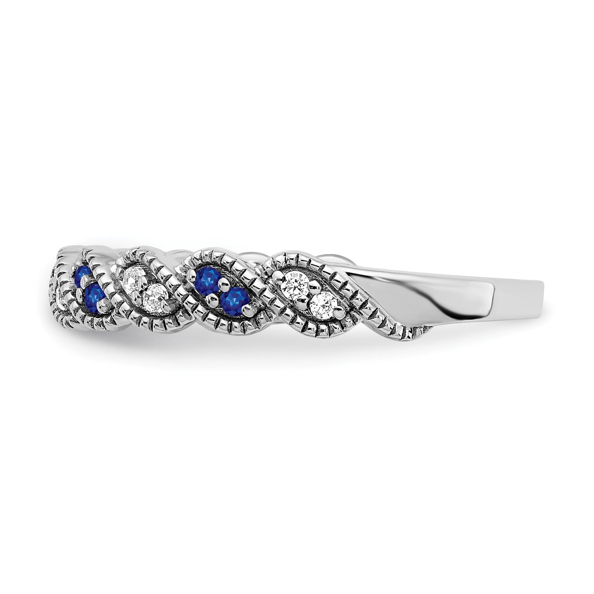 14k White Gold 1/15 carat Diamond and Blue Sapphire Twist Band