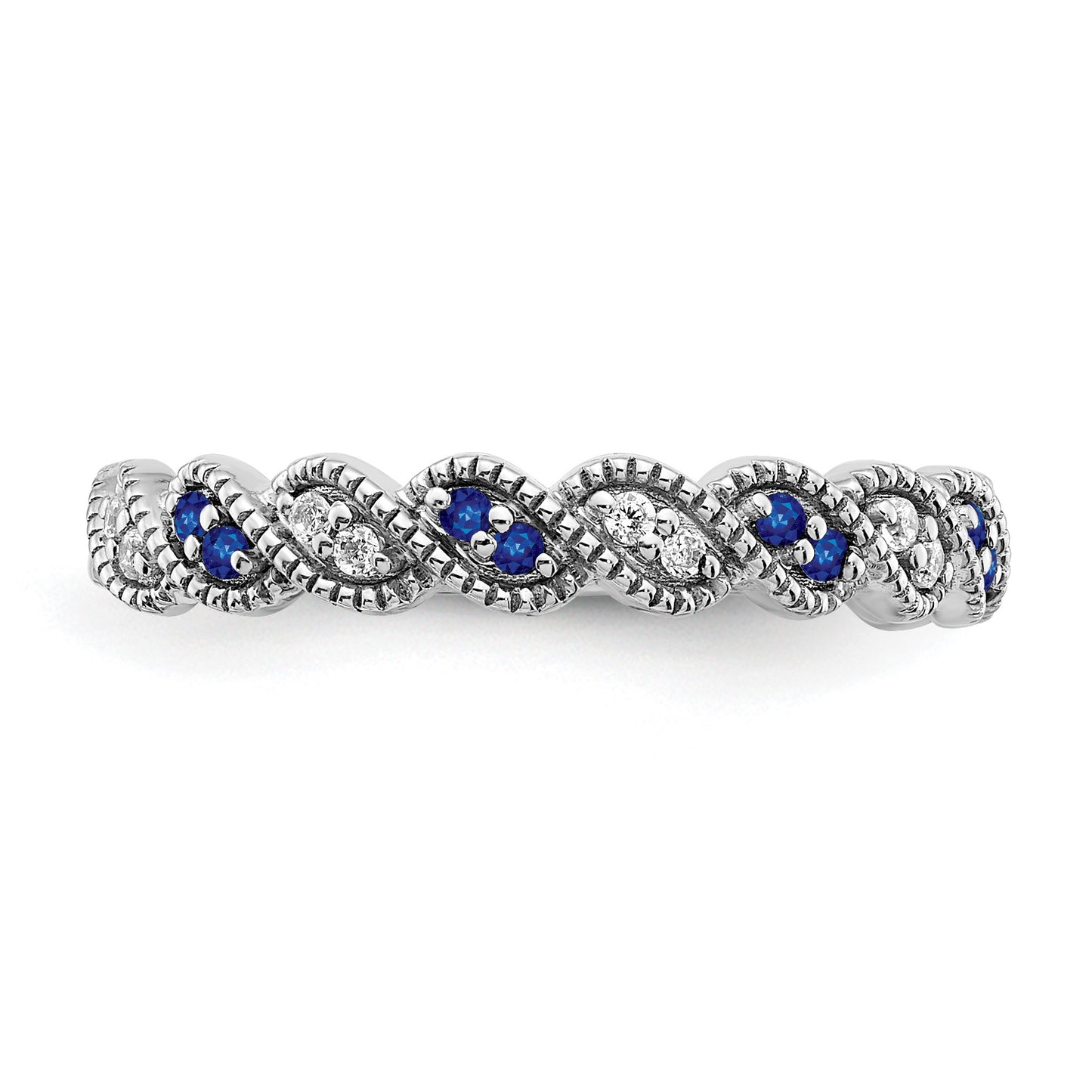 14k White Gold 1/15 carat Diamond and Blue Sapphire Twist Band