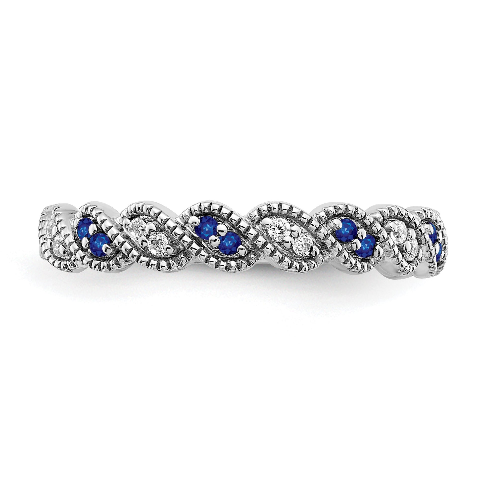 14k White Gold 1/15 carat Diamond and Blue Sapphire Twist Band