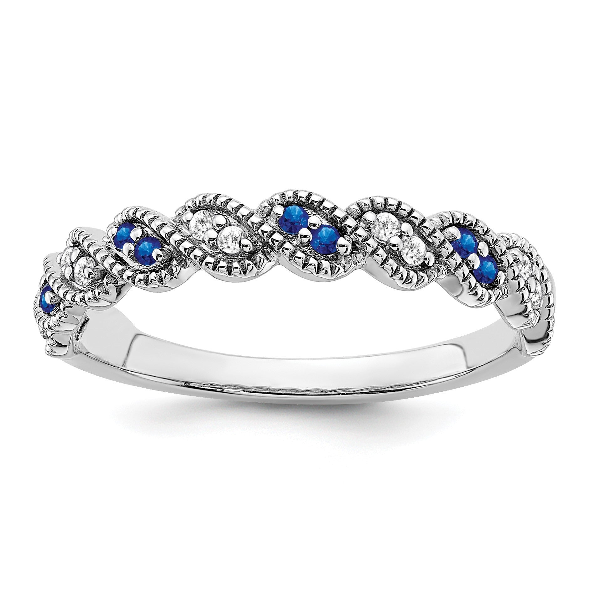 14k White Gold 1/15 carat Diamond and Blue Sapphire Twist Band