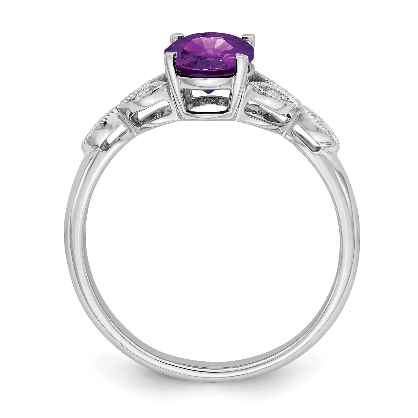 14k White Gold 8x6mm Oval Amethyst and Diamond Leaves Ring