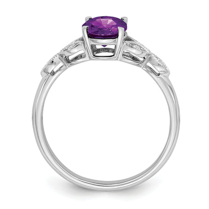 14k White Gold 8x6mm Oval Amethyst and Diamond Leaves Ring