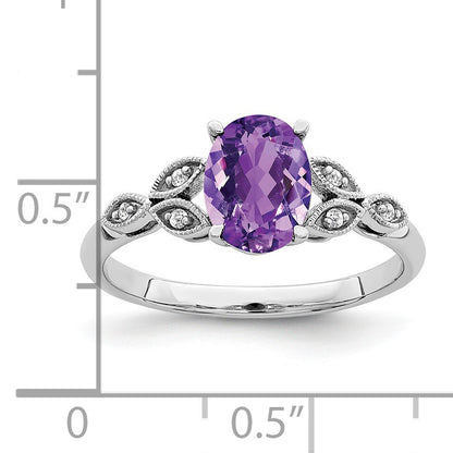 14k White Gold 8x6mm Oval Amethyst and Diamond Leaves Ring