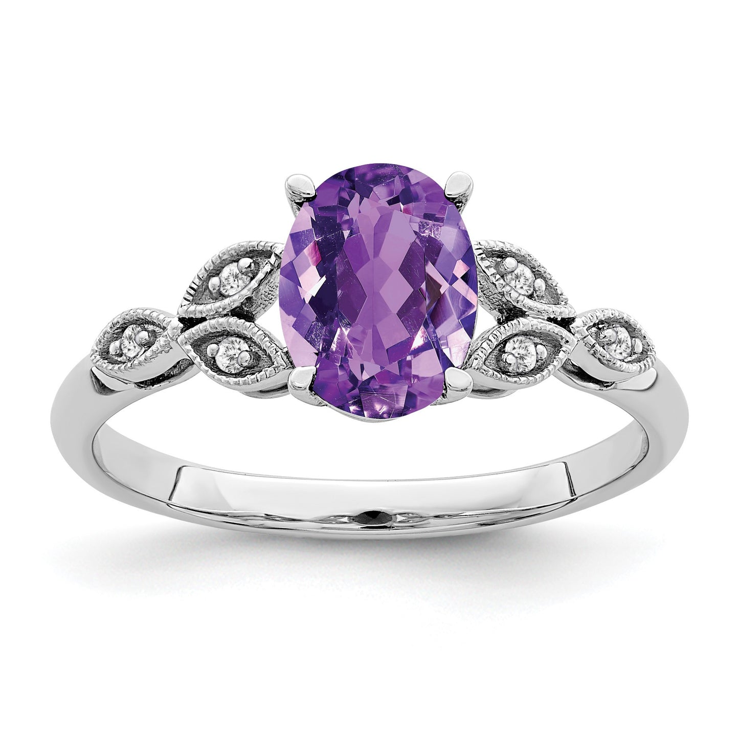 14k White Gold 8x6mm Oval Amethyst and Diamond Leaves Ring