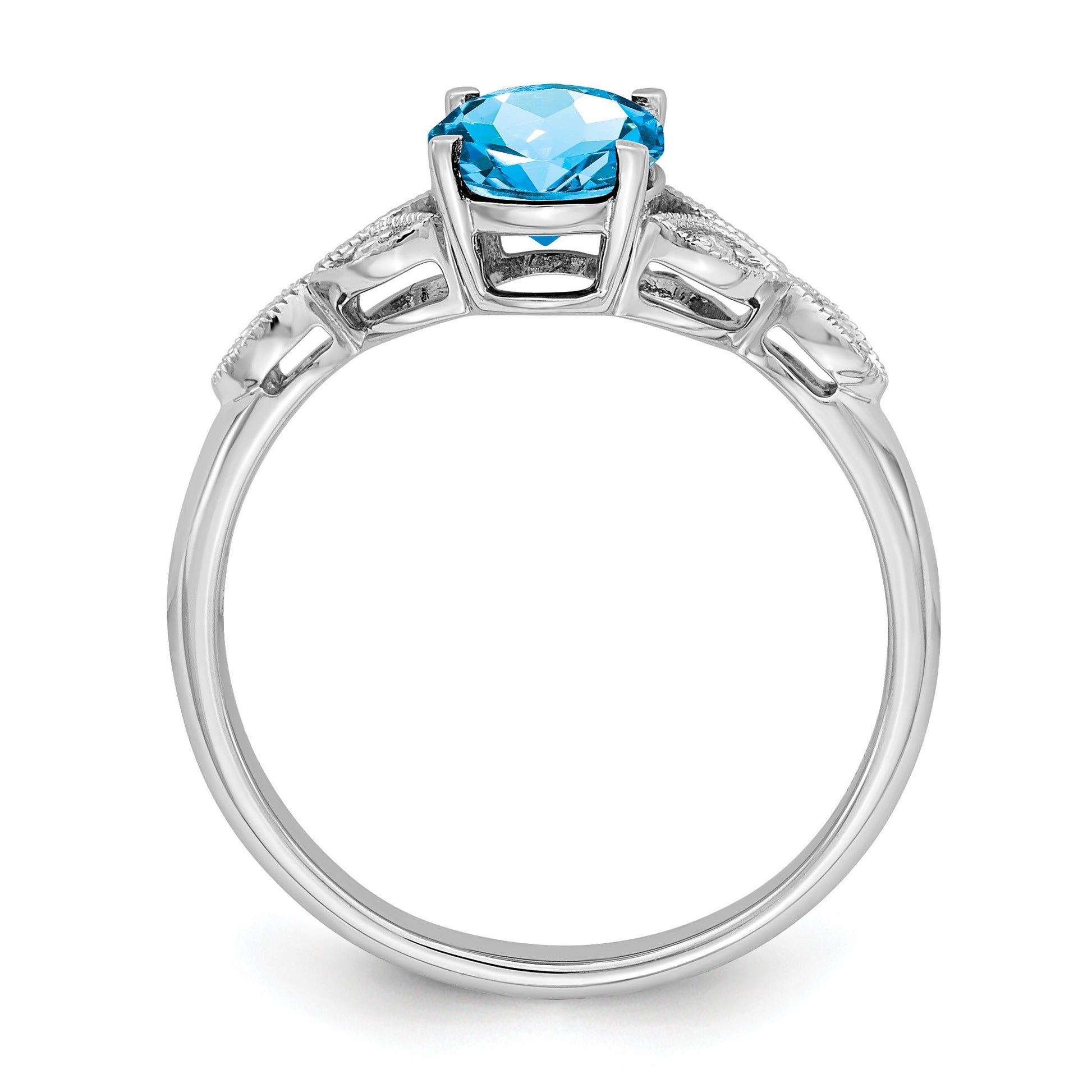 14k White Gold 8x6mm Oval Blue Topaz and Diamond Leaves Ring