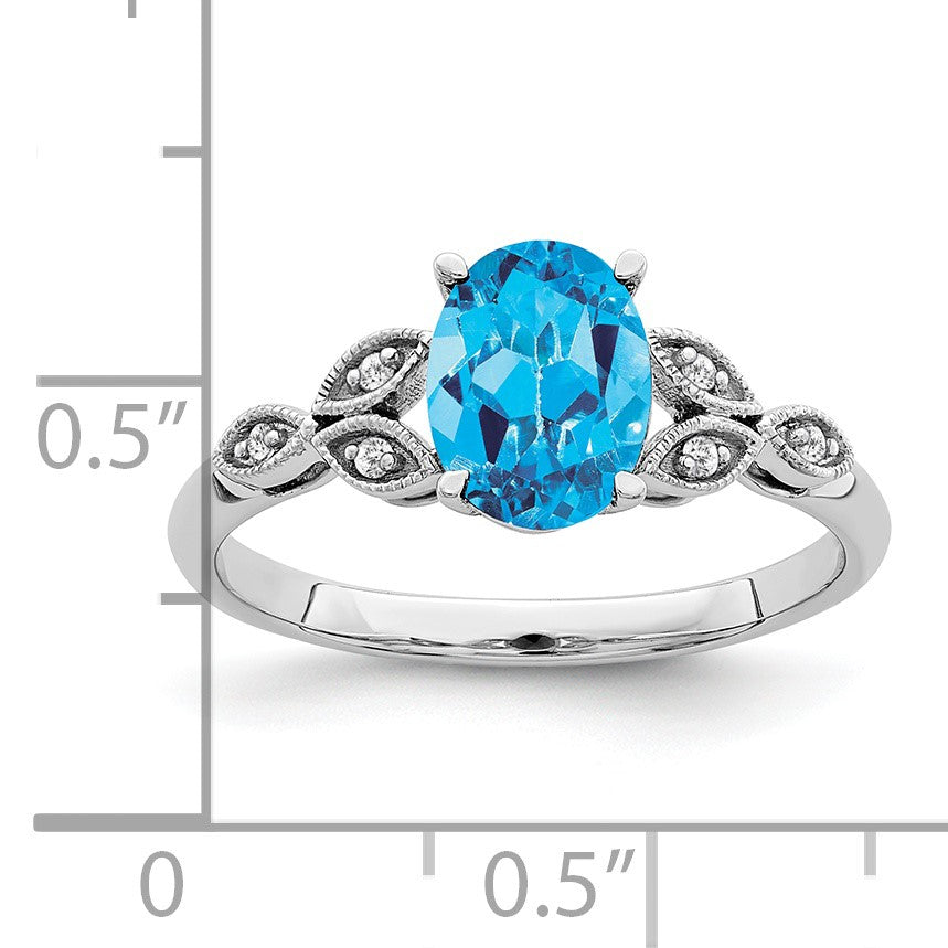 14k White Gold 8x6mm Oval Blue Topaz and Diamond Leaves Ring