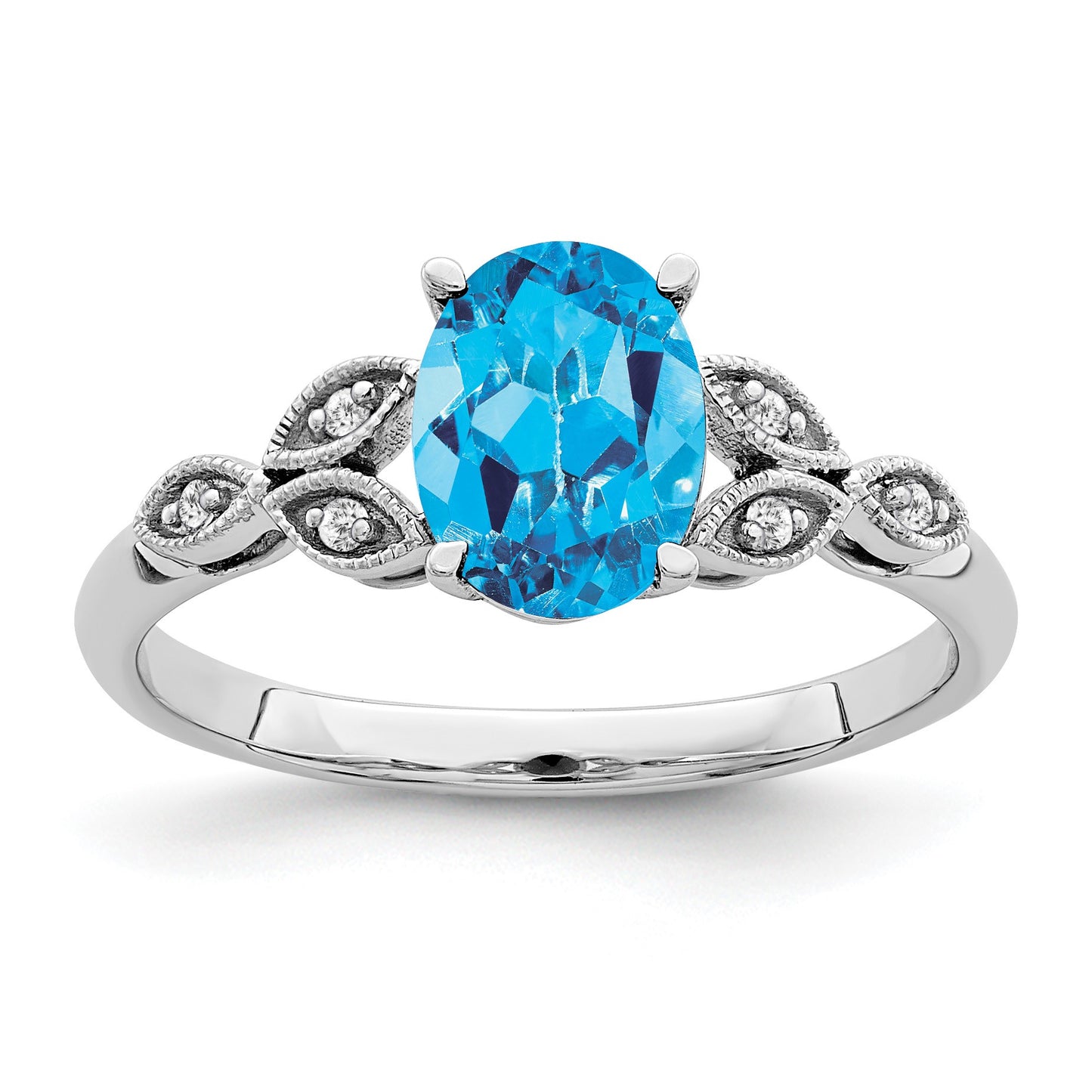 14k White Gold 8x6mm Oval Blue Topaz and Diamond Leaves Ring