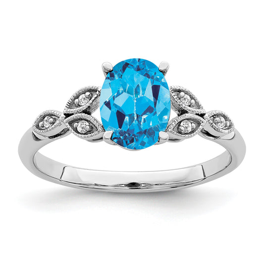 14k White Gold 8x6mm Oval Blue Topaz and Diamond Leaves Ring