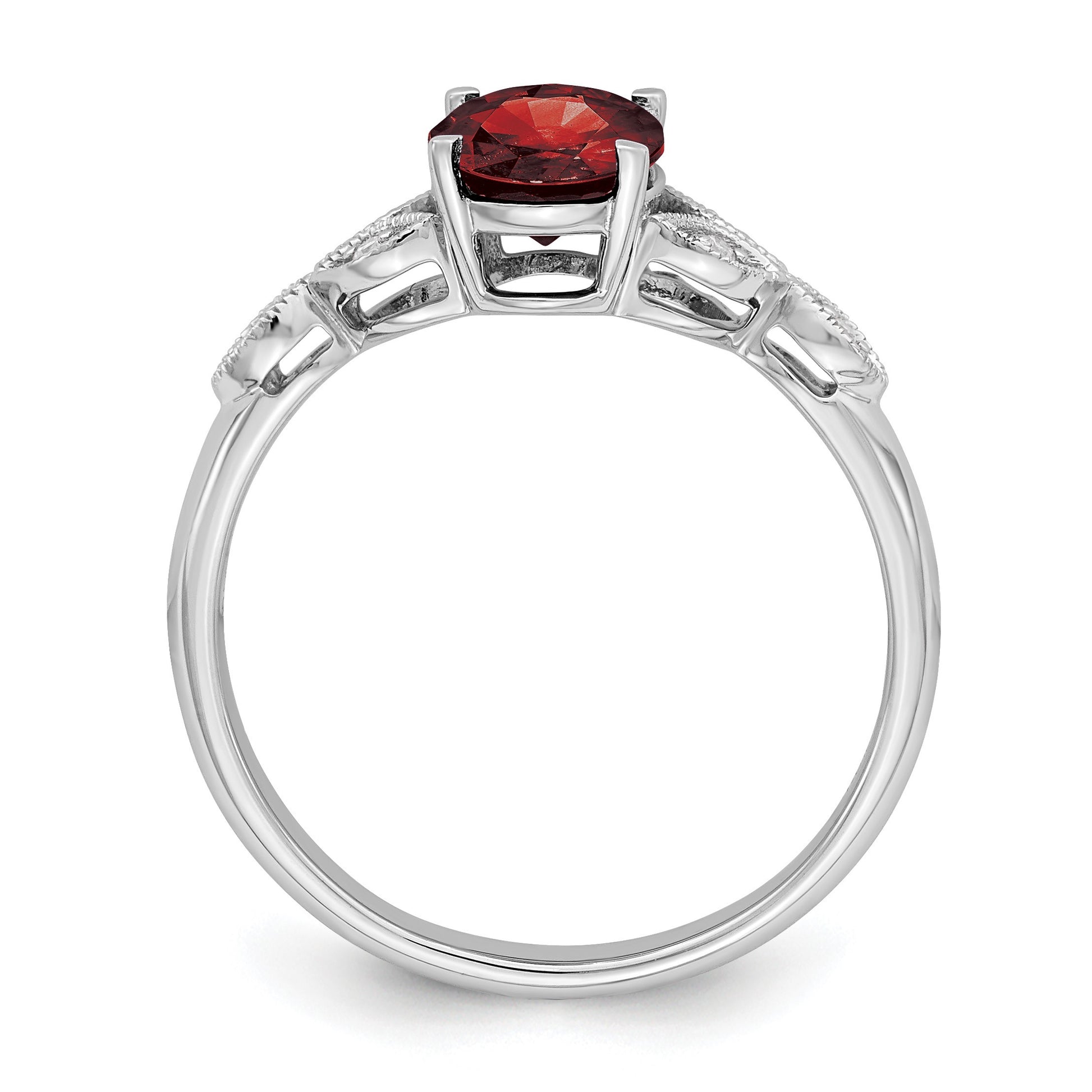14k White Gold 8x6mm Oval Garnet and 1/20 carat Diamond Leaves Ring