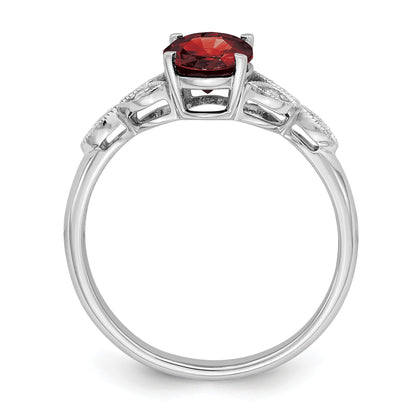 14k White Gold 8x6mm Oval Garnet and 1/20 carat Diamond Leaves Ring