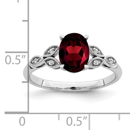 14k White Gold 8x6mm Oval Garnet and 1/20 carat Diamond Leaves Ring