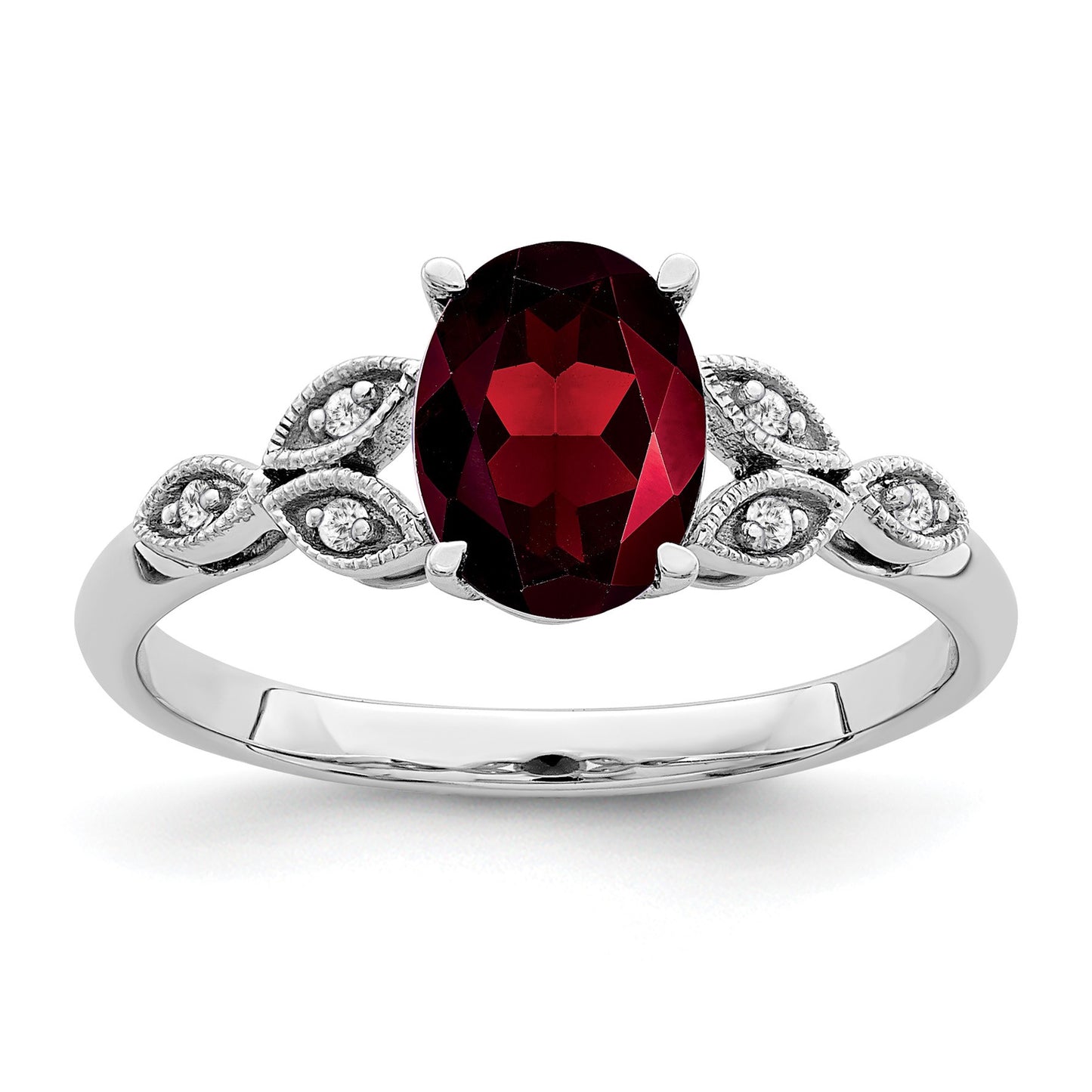 14k White Gold 8x6mm Oval Garnet and 1/20 carat Diamond Leaves Ring