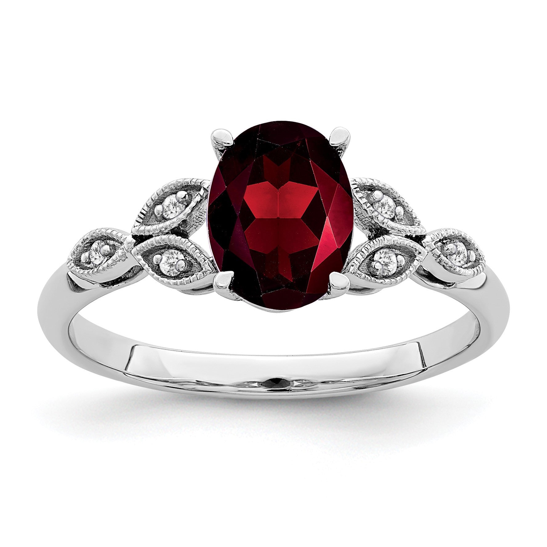 14k White Gold 8x6mm Oval Garnet and 1/20 carat Diamond Leaves Ring