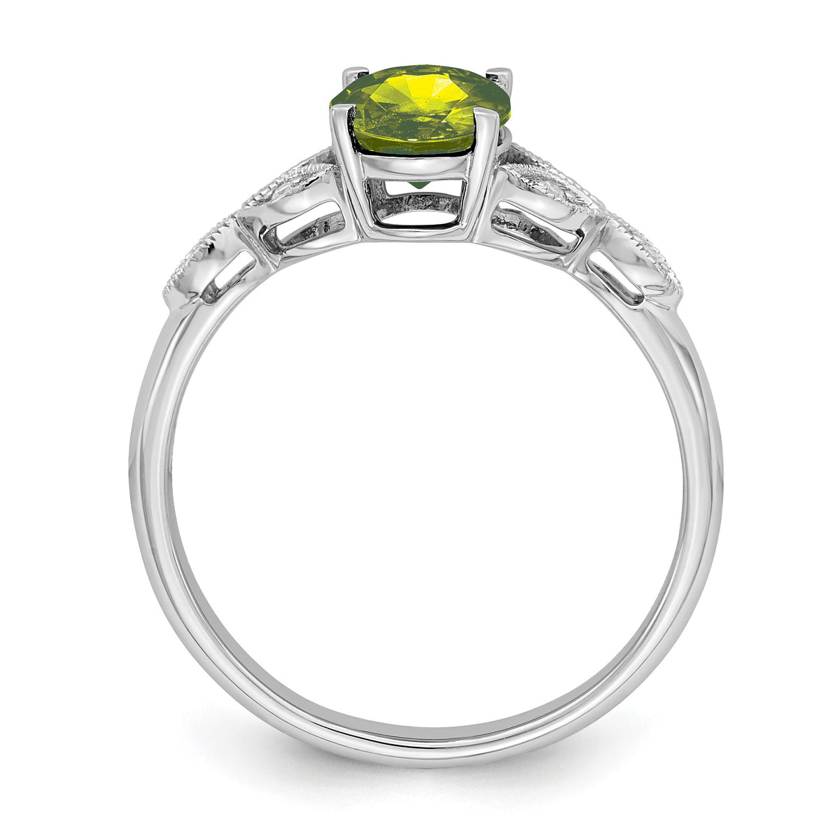14k White Gold 8x6mm Oval Peridot and Diamond Leaves Ring