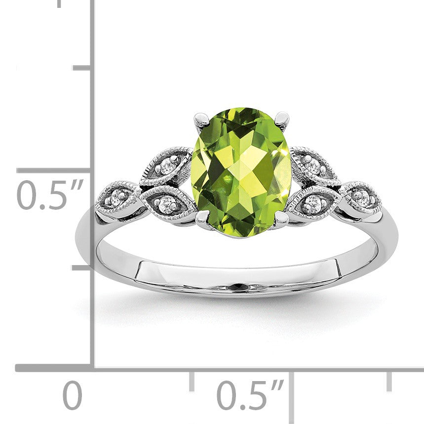 14k White Gold 8x6mm Oval Peridot and Diamond Leaves Ring